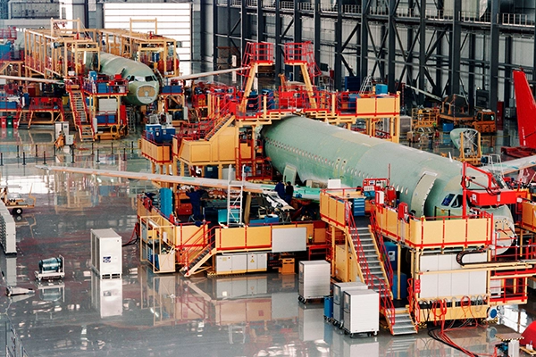Airplanes being worked on in a hangar