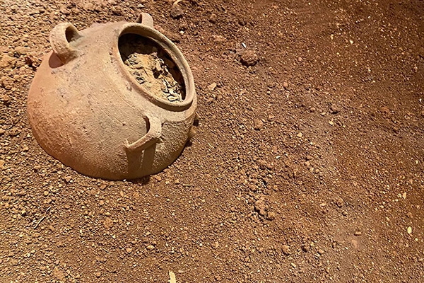 Ancient pot in soil ready for elemental analysis